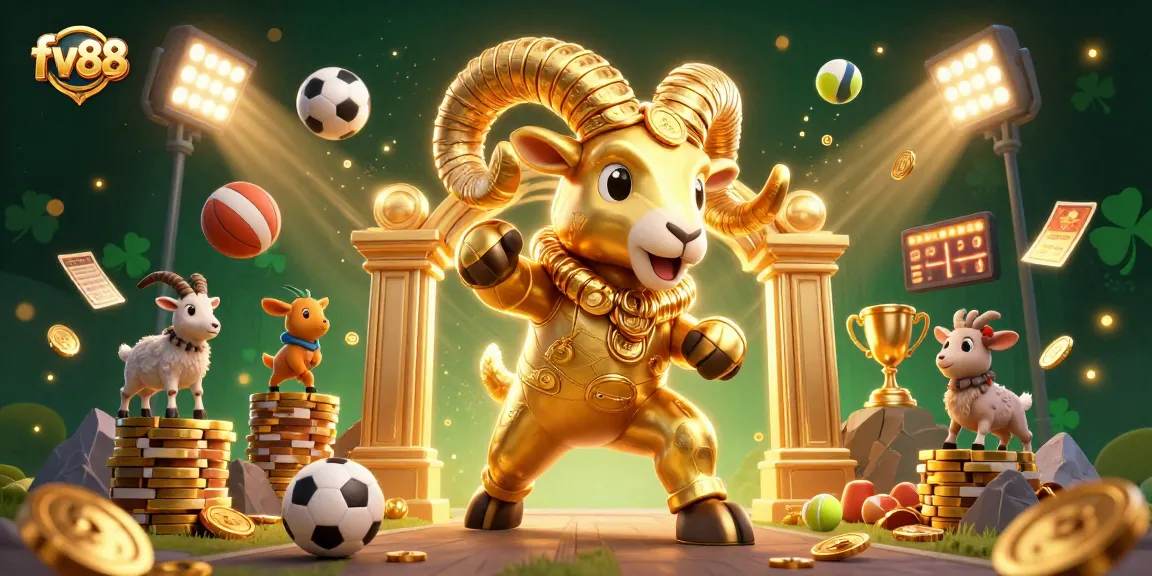 Experience dynamic betting action at fv88 with a golden ram charging through a vibrant casino scene.