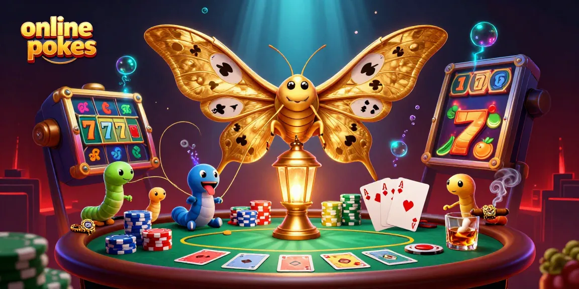 Engage with vibrant online pokies as the golden atlas moth perches amidst dynamic poker elements.