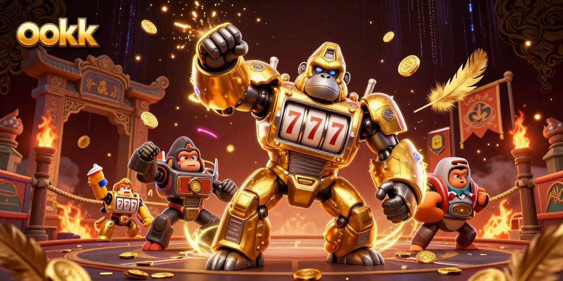 ookk showcases thrilling gaming action featuring a transformer-style gorilla mech amidst dynamic casino elements.