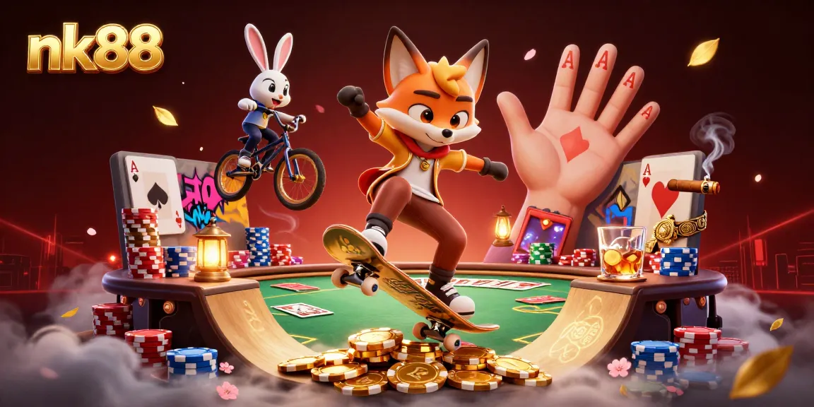 Experience thrilling action at nk88 with vibrant casino-themed 3D illustration featuring playful characters and poker elements.