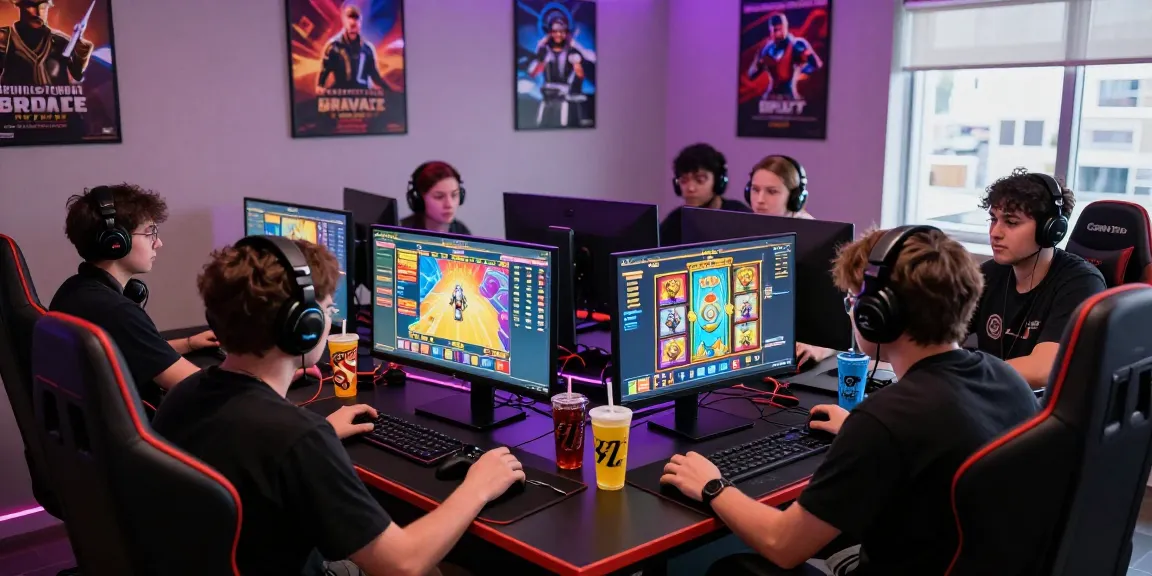 Pengalaman seru bermain game slot online di Sis77, suasana gamer dengan banyak pemain dan tampilan permainan menarik.