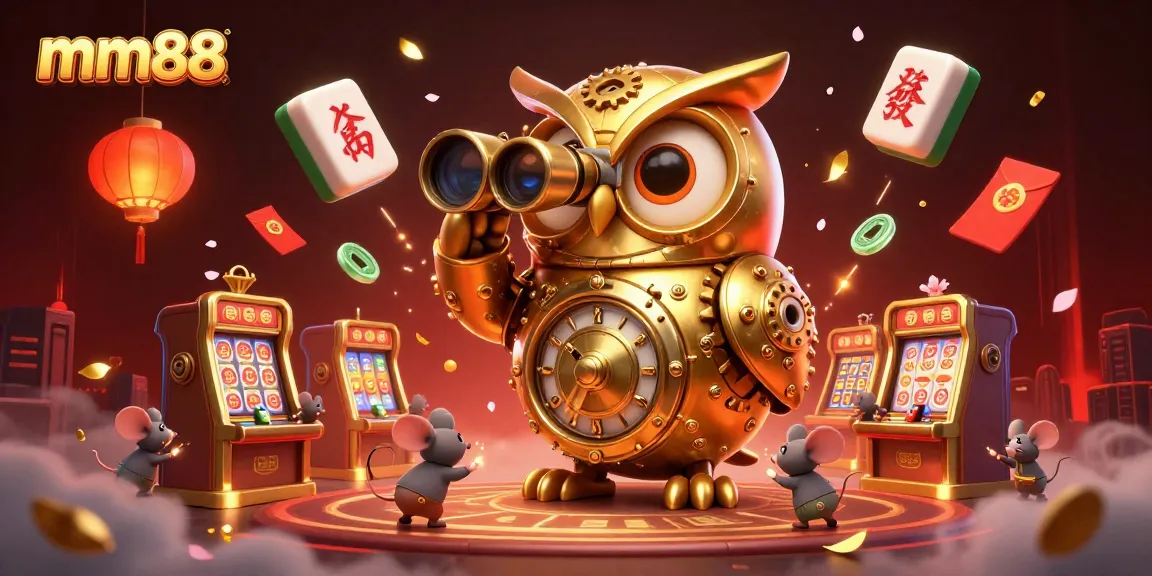 Engage in thrilling mm88 gaming with a mesmerizing owl and lively casino scene full of action.