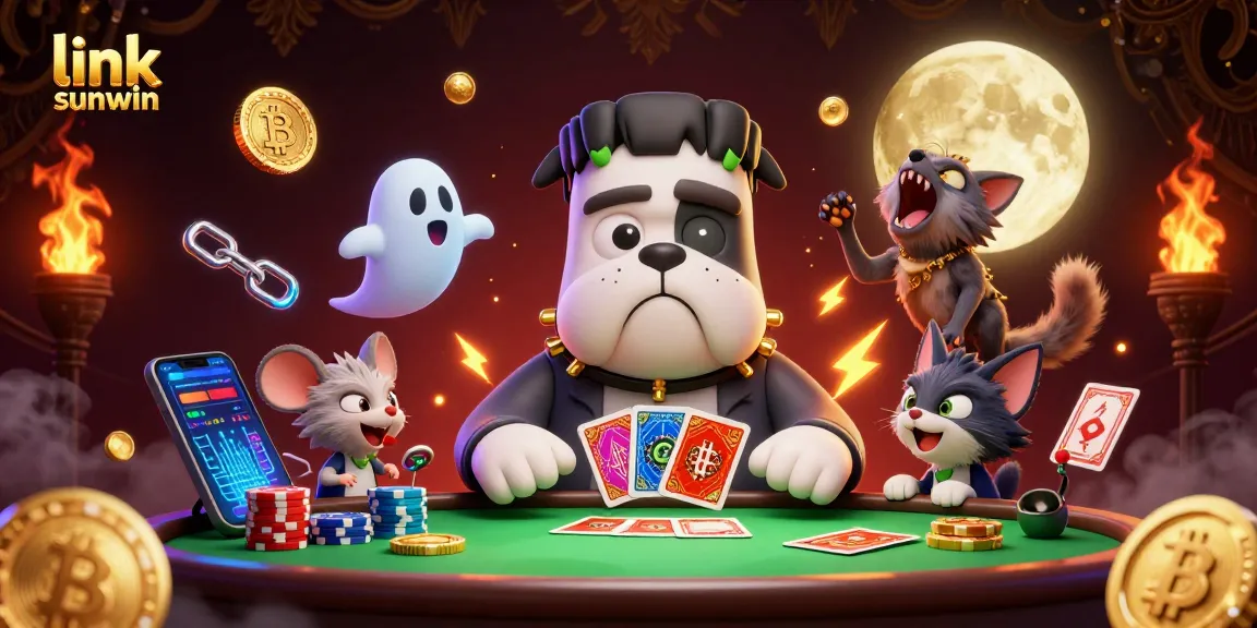 Experience gaming excitement with link sunwin, featuring the Frankenstein bulldog dealing cards amidst vibrant digital elements.