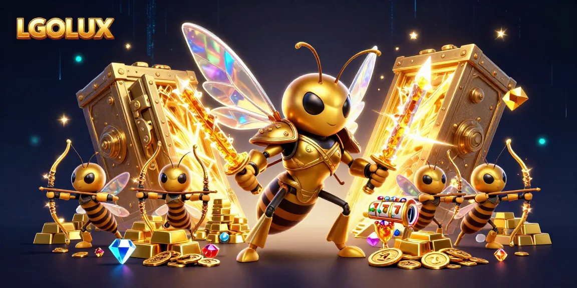 Spin the slots at LGOLUX with vibrant casino-themed 3D illustration filled with treasures.