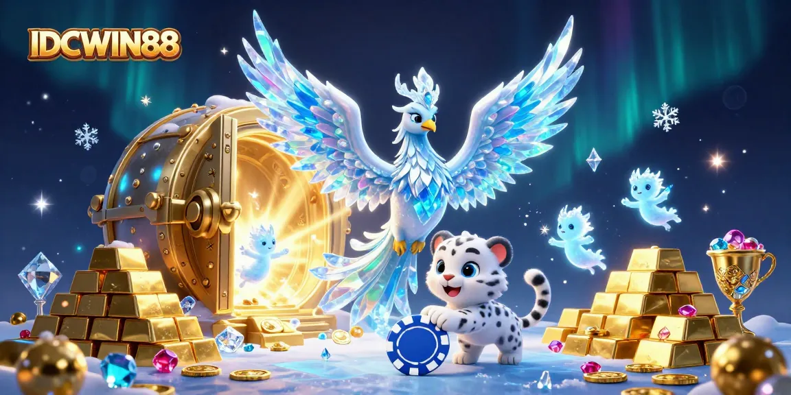 Experience thrilling chances to win on IDCWIN88 with vibrant ice-themed casino characters amidst sparkling treasure!