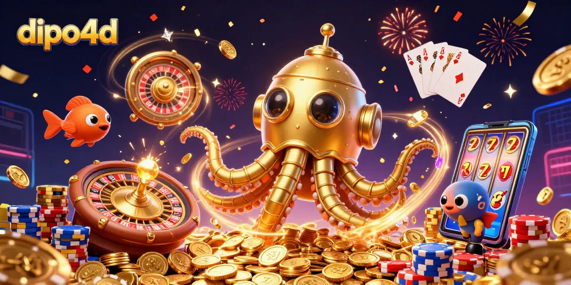 Engage with dipo4d's vibrant casino experience, showcasing a dynamic 3D scene with gold coins, roulette, and cards.
