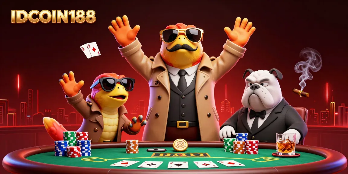 IDCOIN188 showcases a 3D scene of raptors in a trench coat attempting VIP casino entry.