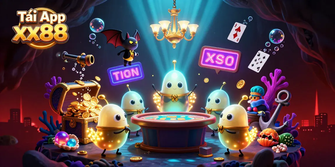 Tải App xx88 to access a vibrant cave casino illuminated by bioluminescent glowworms with treasures and playful elements.