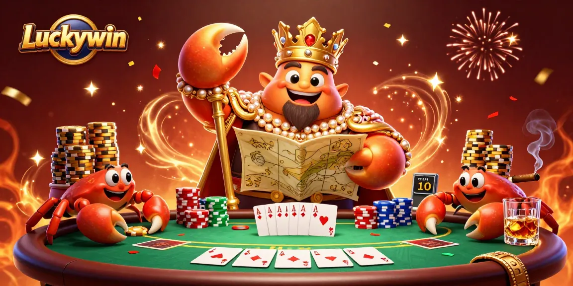 Experience thrilling action at Luckywin with a crab emperor surrounded by poker excitement.