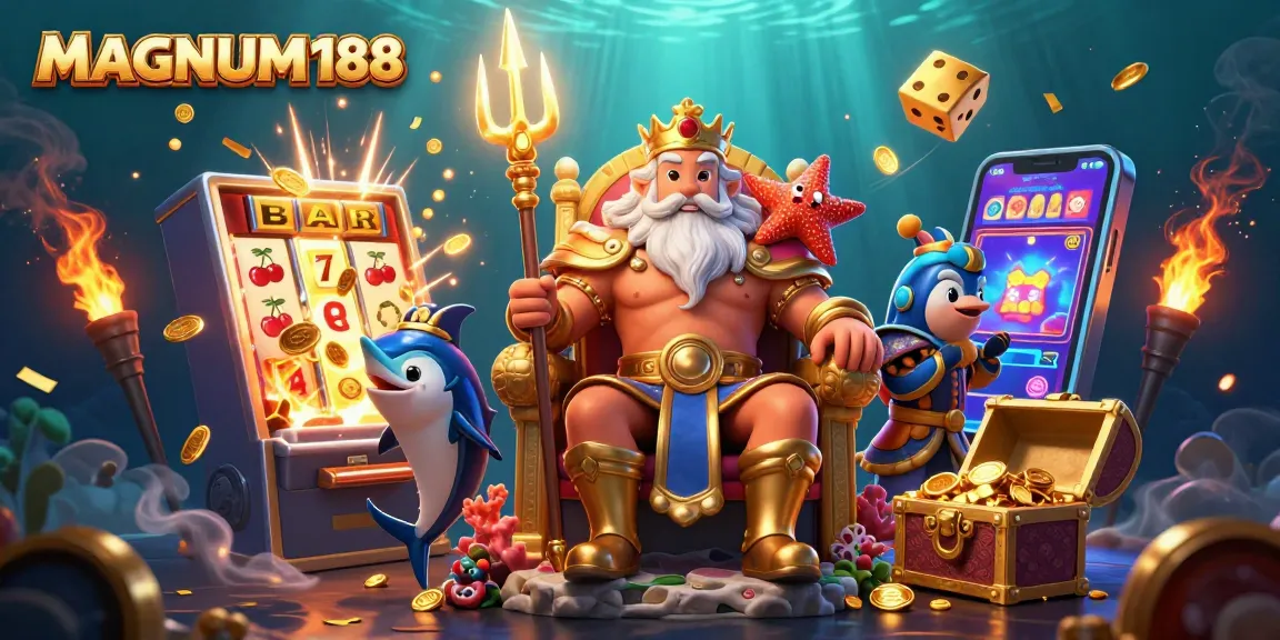 Excite with MAGNUM188's vibrant 3D illustration showcasing a jackpot-filled underwater scene and engaging casino elements.