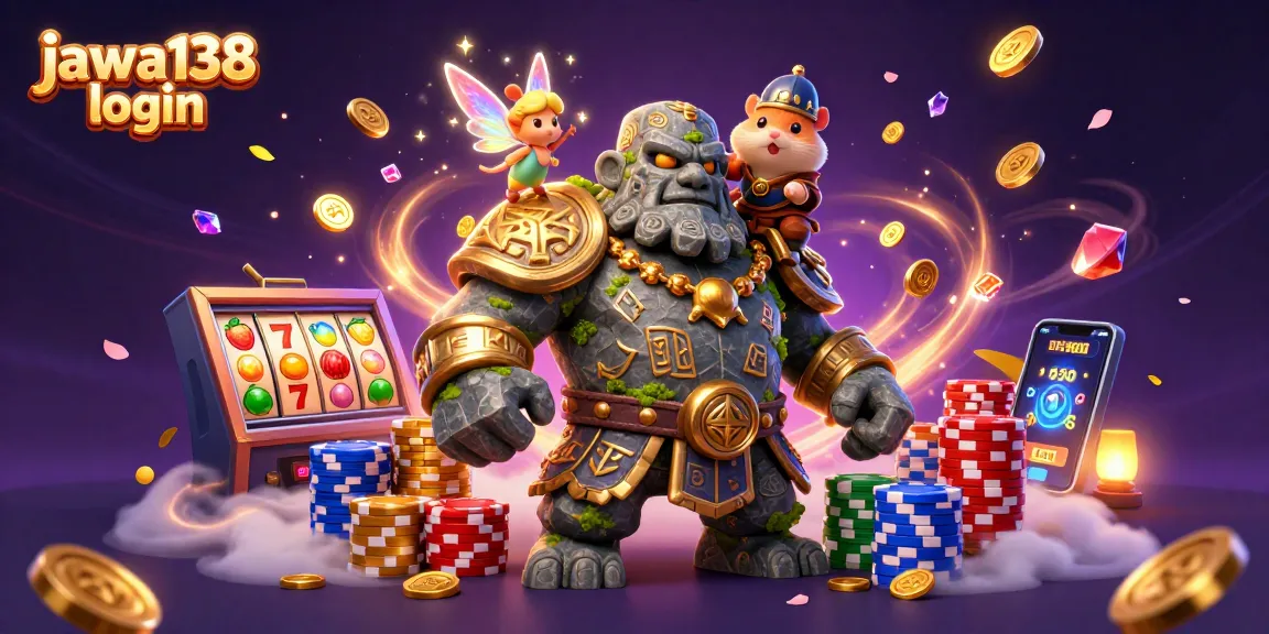 Jawa138 login menampilkan golem dan hamster ksatria dalam aksi jackpot berkilauan yang penuh warna.