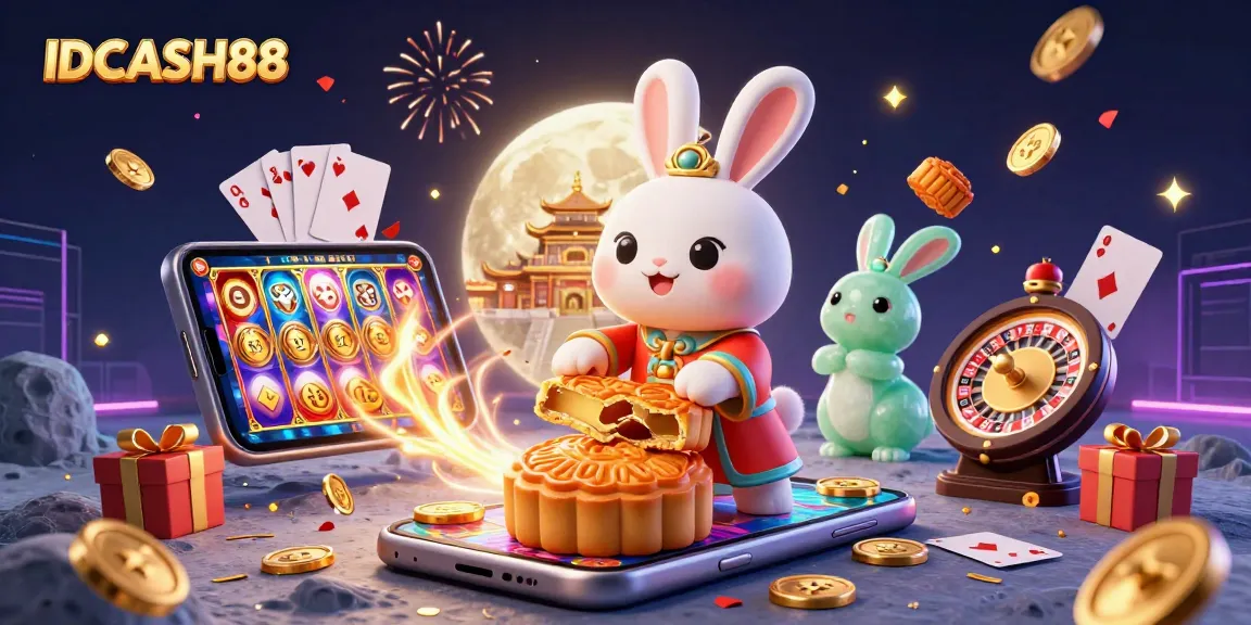 Experience the excitement of IDCASH88 with slots and poker chips on the lunar surface.