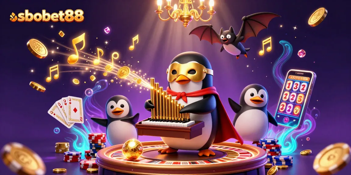 Experience thrilling sbobet88 gaming with a vibrant 3D illustration of a phantom opera penguin playing for online casino fortunes.