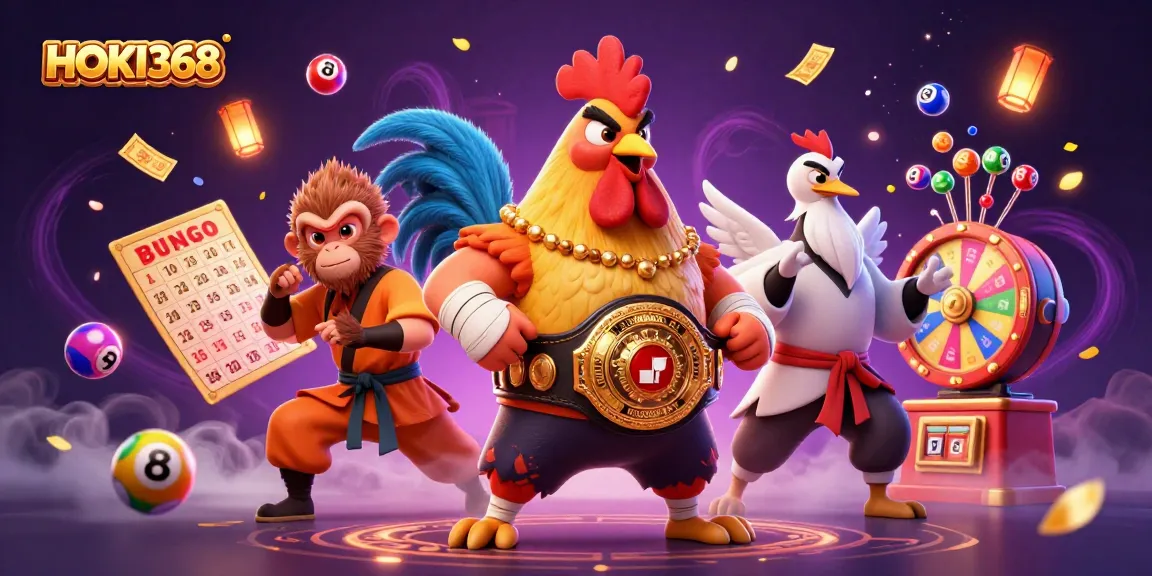 HOKI368 showcases a dynamic and vibrant scene with a Muay Thai rooster, a Shaolin monkey, and a wise crane master surrounded by gambling elements.