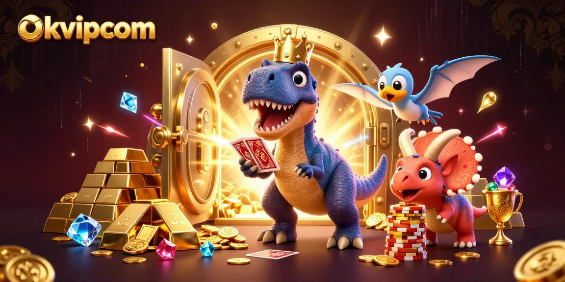 Engage with okvipcom's vibrant casino scene featuring a T-Rex shuffling cards and a triceratops stacking chips.