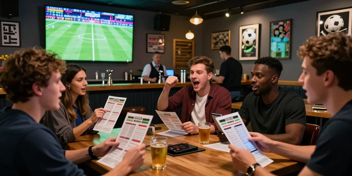 Football fans enjoying a live match while actively placing bets on tempototo, capturing excitement in a vibrant sports bar.