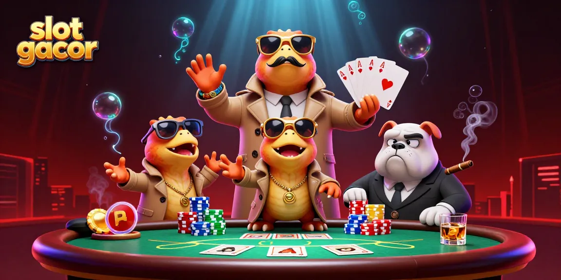 Raih kemenangan dengan slot gacor, tiga raptor menyamar antrean di kasino dengan elemen poker dan cahaya neon.
