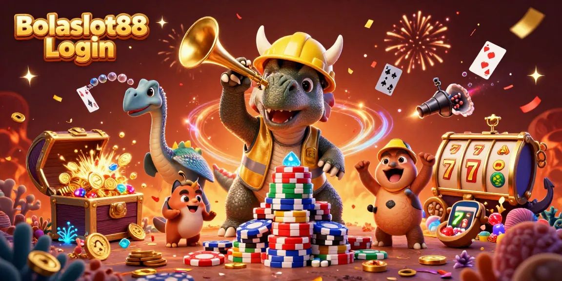 Bolaslot88 Login brings players to an exhilarating scene with triceratops and dinosaur friends celebrating casino wins.