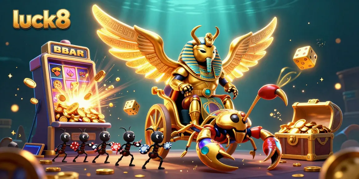 Experience excitement with luck8's 3D casino scene featuring a colossal golden beetle and slot machines.