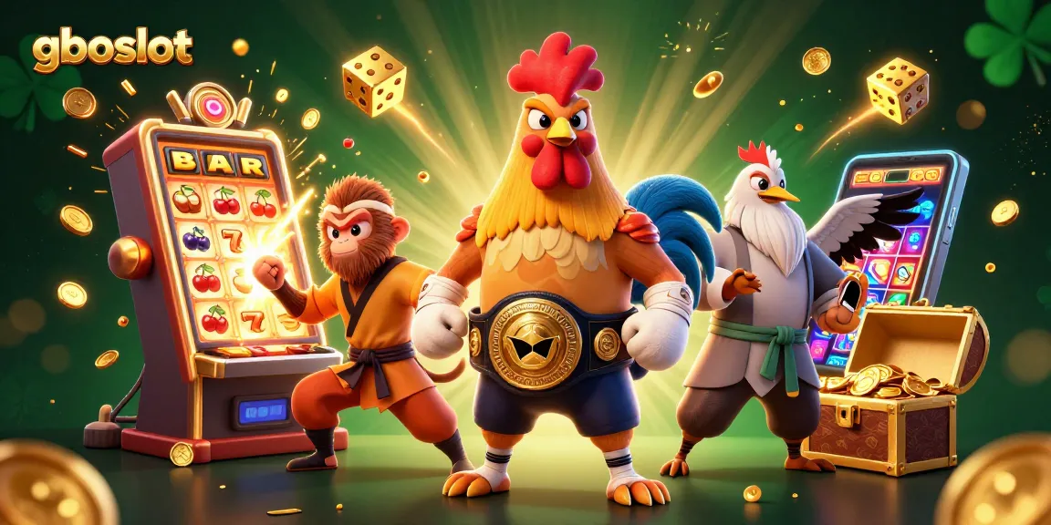 gboslot menghadirkan ilustrasi kasino dengan karakter Muay Thai dan simbol-slot yang berkilau.