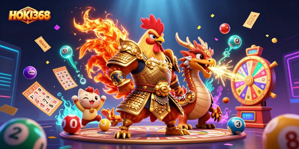 Experience HOKI368 gaming excitement with a colorful, dynamic illustration of thrilling casino elements.
