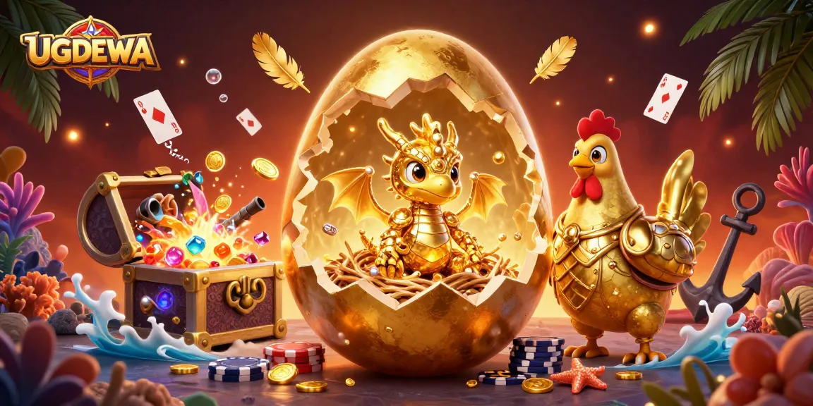 Experience the thrill of UGDEWA as a baby dragon emerges from a golden egg amidst shimmering poker chips.