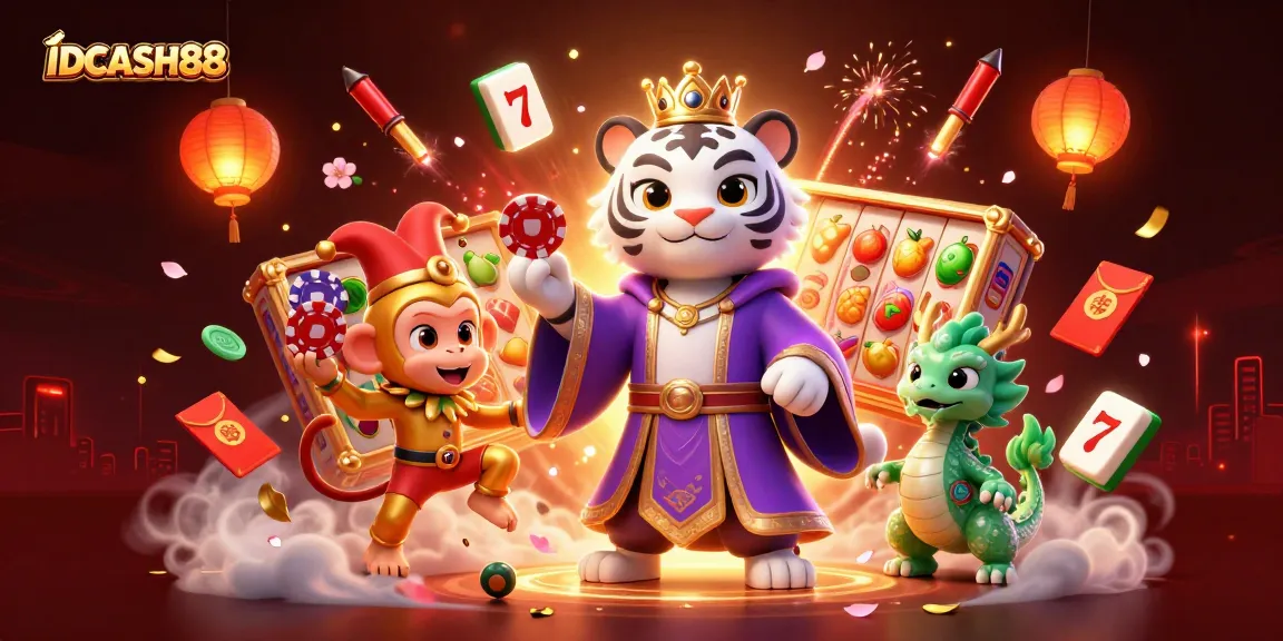 Experience the excitement of IDCASH88 with a vibrant, animated casino scene featuring a tiger, monkey, and a jade dragon.