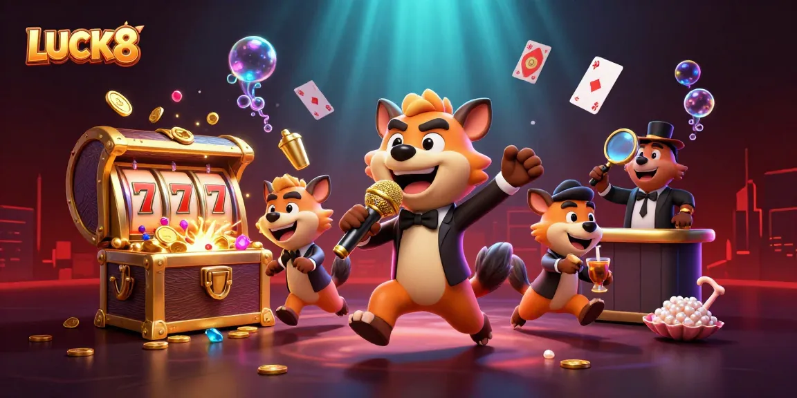 LUCK8 hyena characters entertain in a vibrant casino scene, featuring comedy and gaming fun.