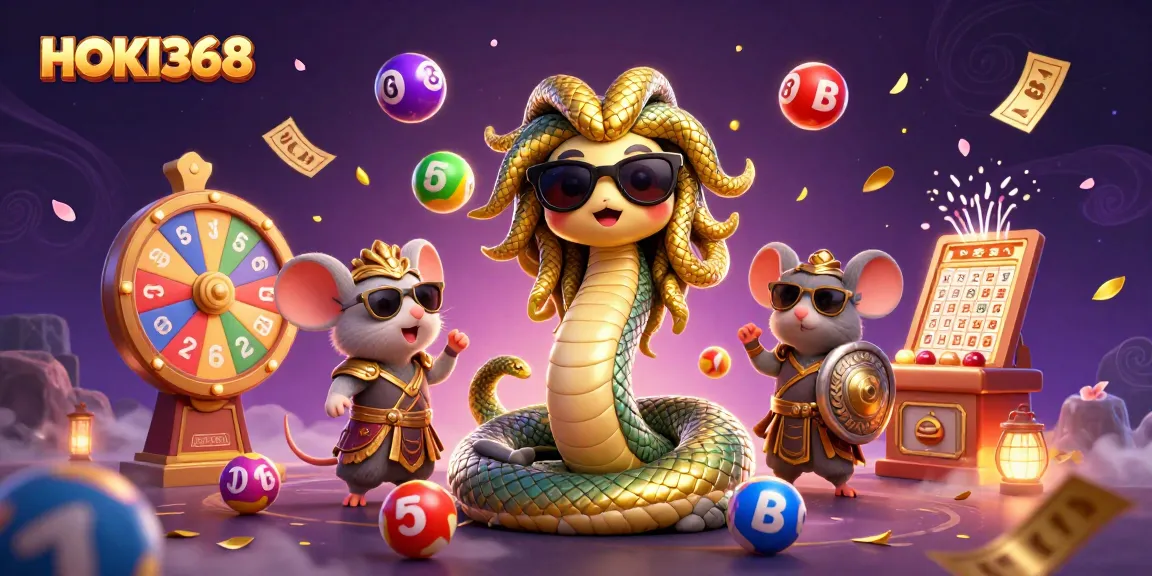 Experience HOKI368's exciting world of lottery games with Medusa and a warrior mouse in vibrant 3D art.