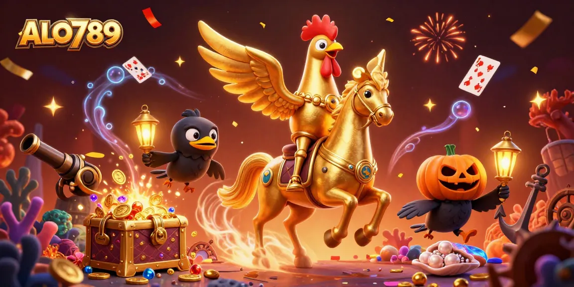 Engage with ALO789 at a vibrant casino scene featuring a golden rooster, epic treasure, and lively gaming elements.