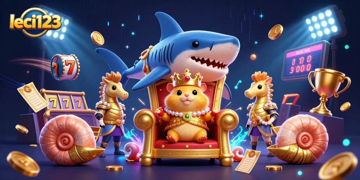 Play at Leci123 as a fierce golden hamster king rules a vibrant casino world of slots and trophies.