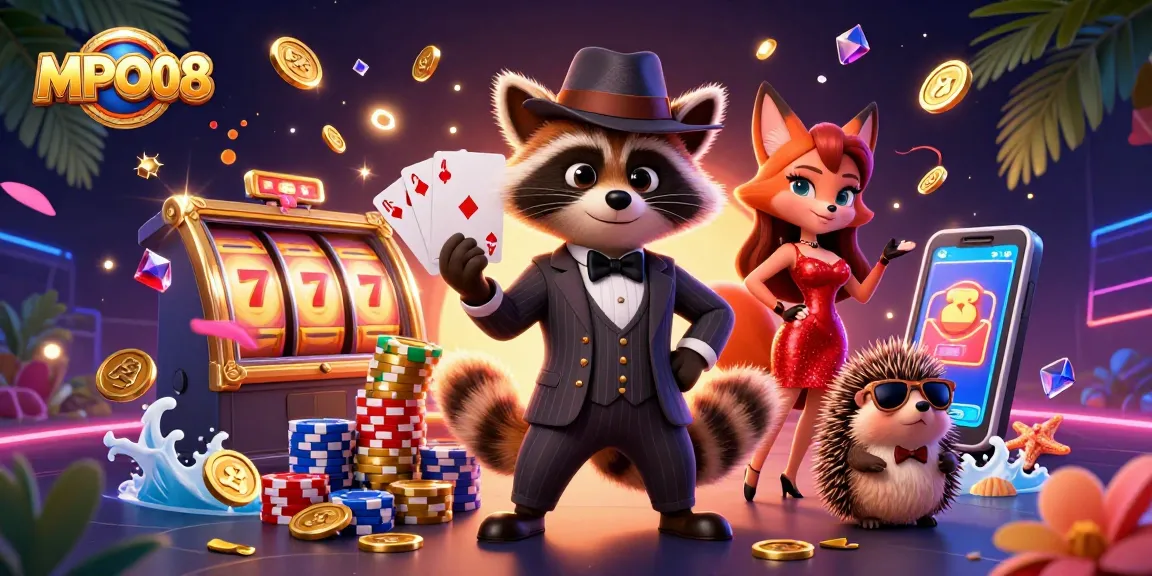 Engage in thrilling gameplay on MPO08 with raccoon, fox, and hedgehog characters amidst coins and slot machines.
