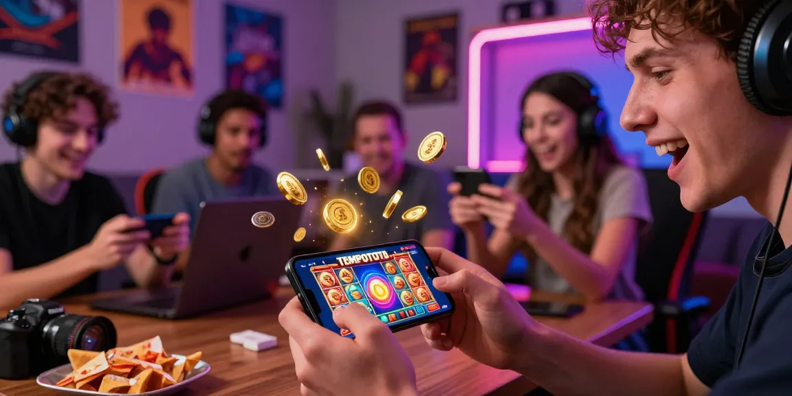 Excited players enjoying thrilling TEMPOTOTO slot games on mobile devices in a vibrant gaming atmosphere.