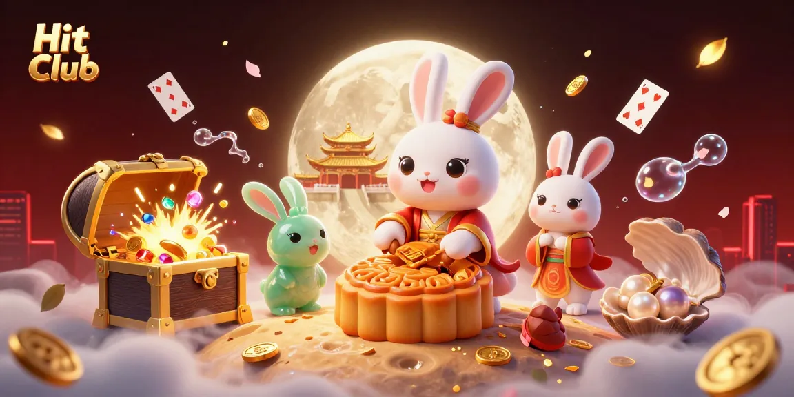Hit Club features a lively scene with a moon rabbit revealing poker chips while surrounded by casino elements.
