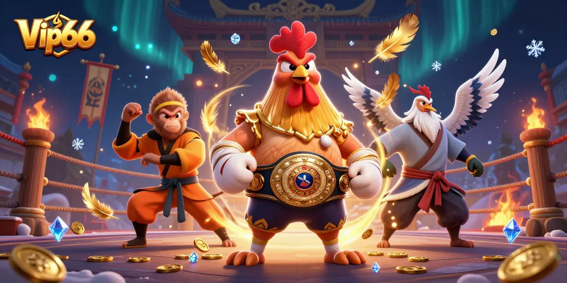 Experience thrilling bets at Vip66 with 3D rooster and martial artists in vibrant arena scene.
