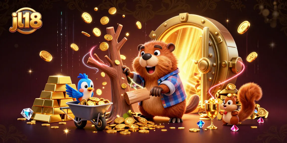 Experience the excitement of jl18 with a charming beaver character celebrating big wins in a vibrant casino-themed illustration.