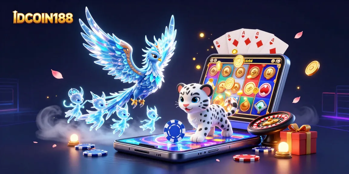 IDCOIN188 offers an exciting animated scene with an ice phoenix, snow leopard, and magical sprites in a dynamic casino atmosphere.