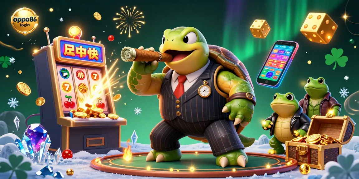 Join the gaming excitement with oppa86 login, featuring a turtle mobster and bullfrog enforcers in a vibrant casino.