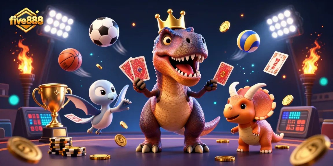 Experience the excitement of betting with five888 as T-Rex and friends play cards among flying sports elements and golden rewards.