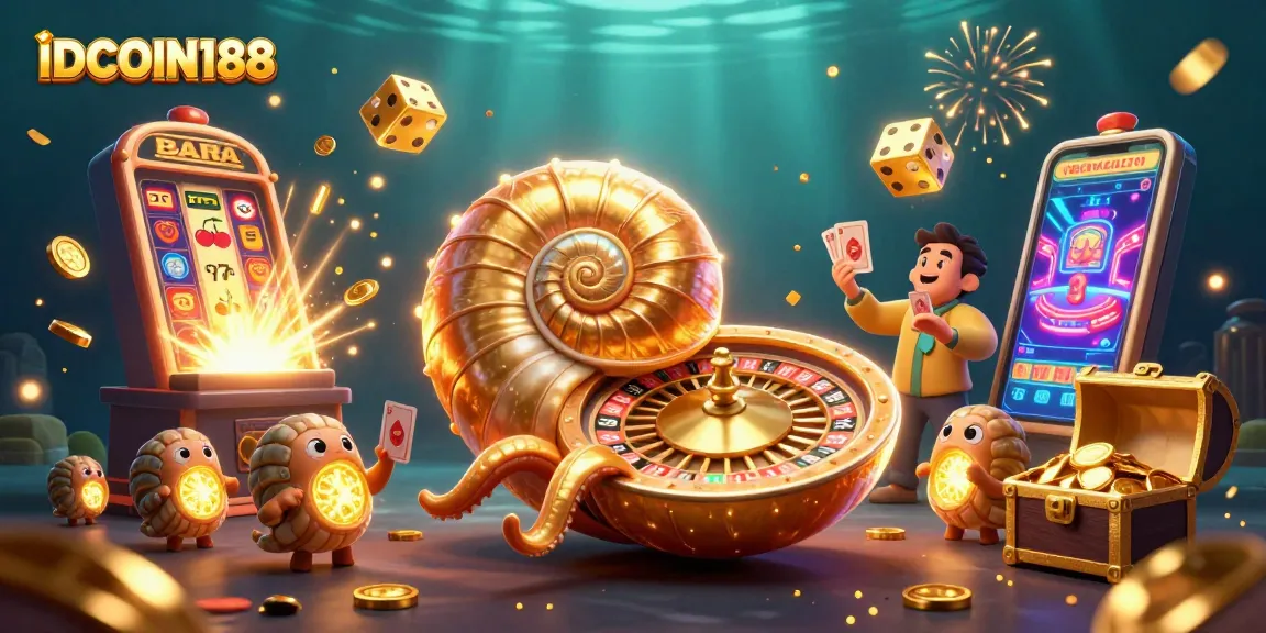 IDCOIN188 offers thrilling casino experiences with a vibrant scene of a nautilus roulette wheel and glowing game elements.