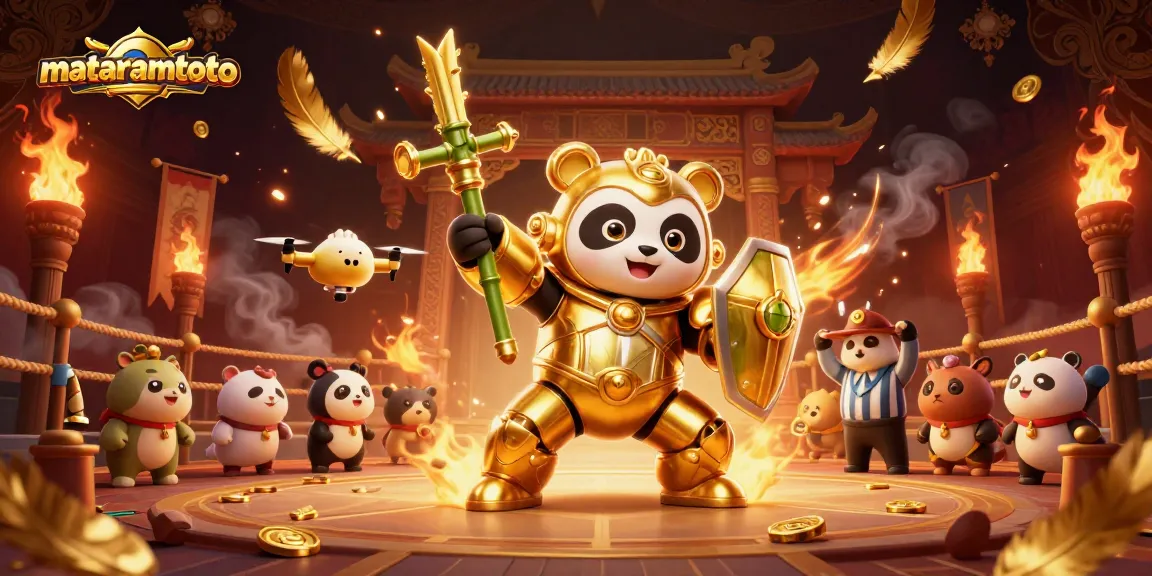 Bermain di MATARAMTOTO dengan mech-panda dalam arena kasino yang penuh kemeriahan.