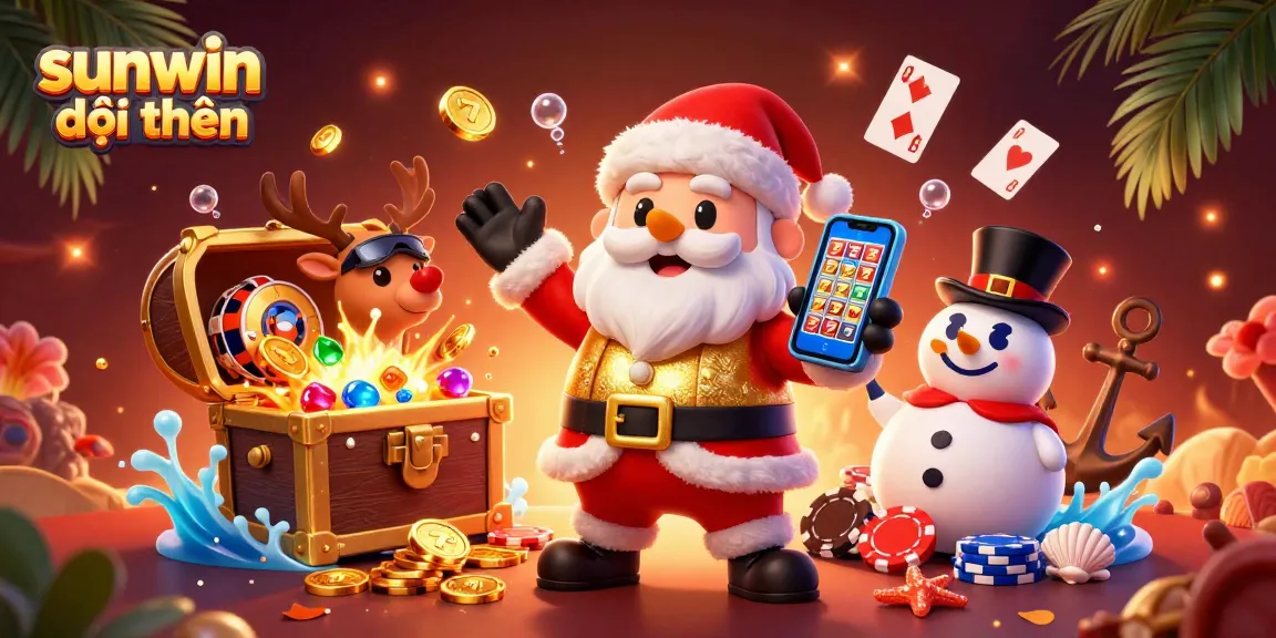 Experience festive fun with sunwin đổi thưởng in a vibrant 3D casino scene filled with animated characters and treasures.