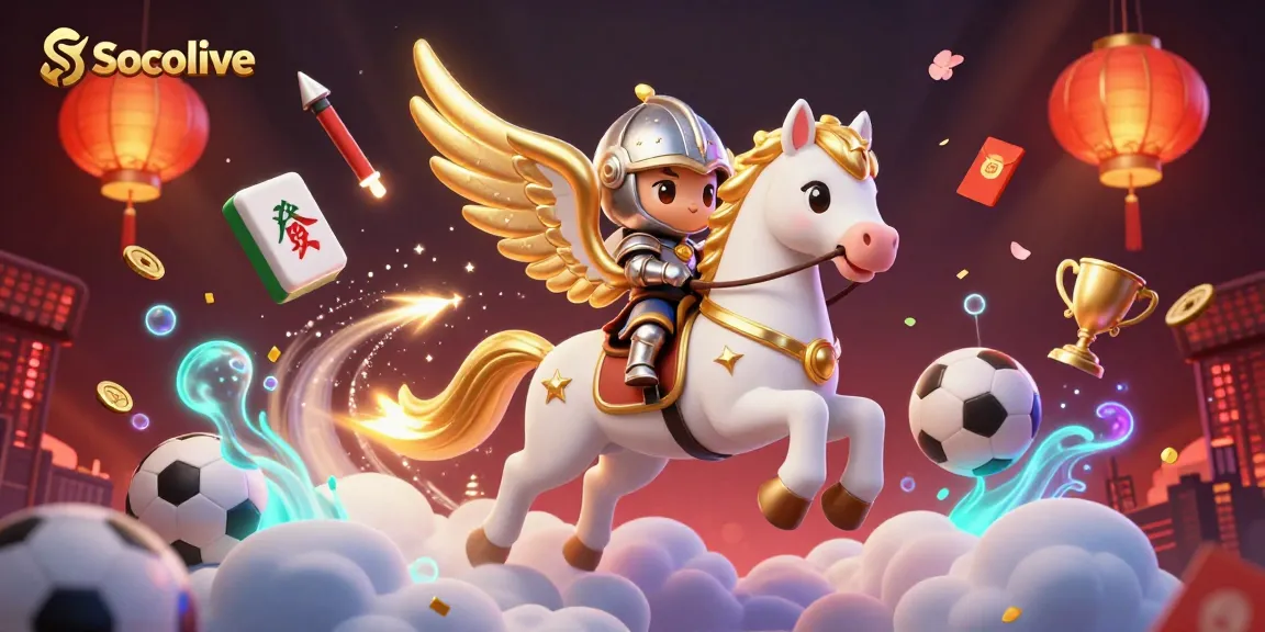 Socolive enhances sports betting excitement with a celestial knight on a golden-winged horse amid vibrant gambling elements.