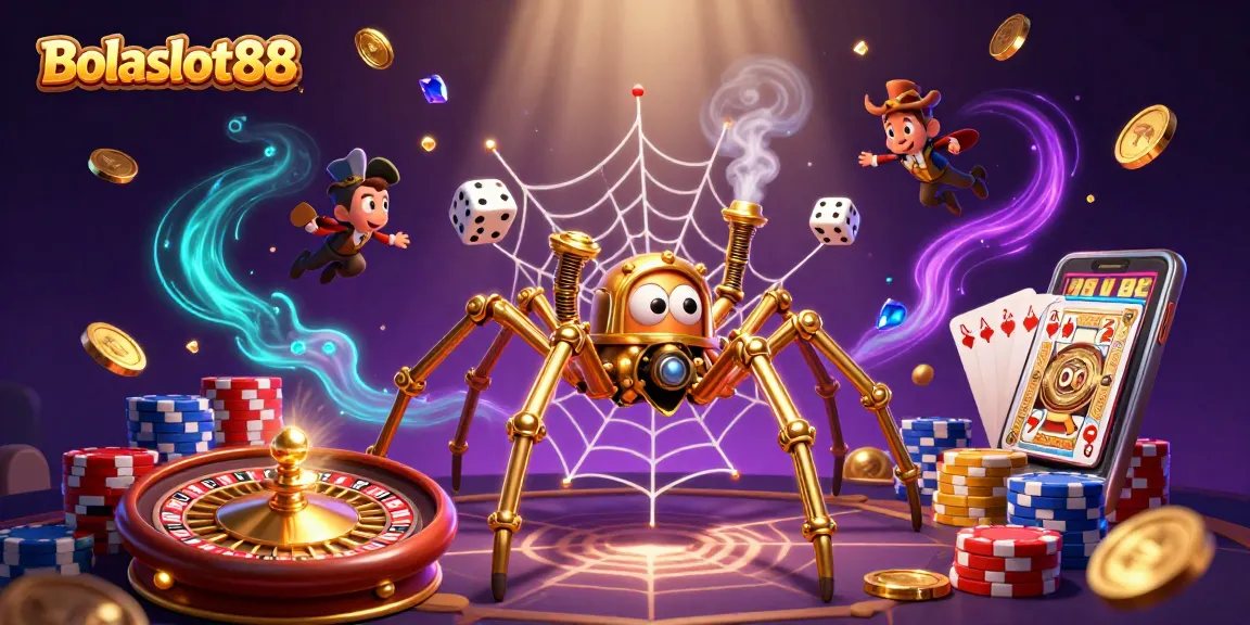Bolaslot88 offers high-stakes gaming with golden spider catching dice in a luxurious casino scene.