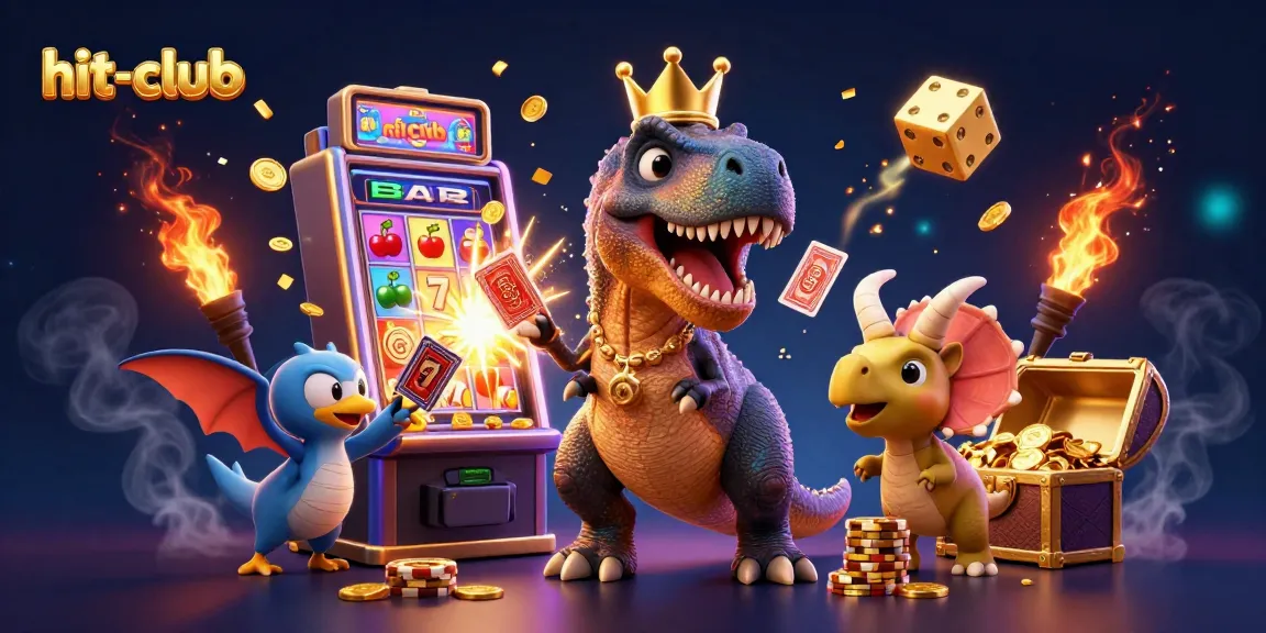 Engage in thrilling wins at hit-club with cartoon dinosaurs in a vibrant casino scene.