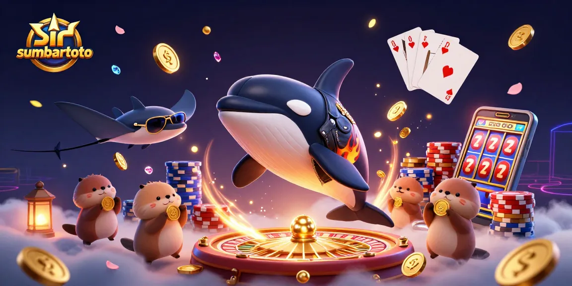 Menang dengan sumbartoto, ilustrasi 3D menarik menampilkan suasana kasino dengan karakter ceria dan elemen permainan.