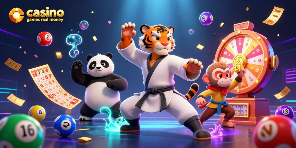 Experience casino games for real money with a vibrant scene featuring a kung fu tiger master, bingo cards, and colorful lottery balls.