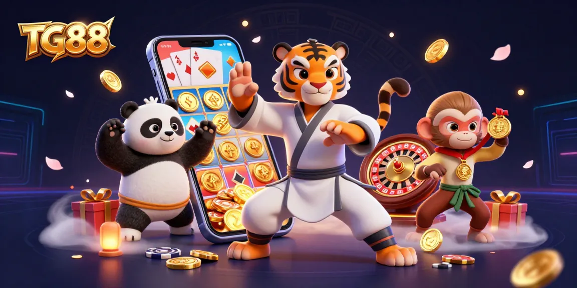 Experience thrilling gaming with TG88's 3D illustrated scene showcasing engaging casino elements and vibrant characters.