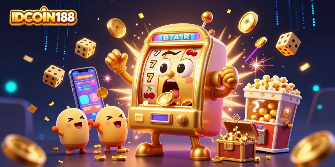 IDCOIN188's golden slot machine celebrates a jackpot as coins cascade, surrounded by cheering baby slots and vibrant casino symbols.