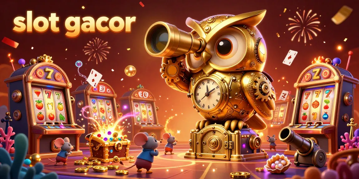 Experience thrilling action with "slot gacor" in a dynamic casino scene featuring a golden owl and colorful game elements.